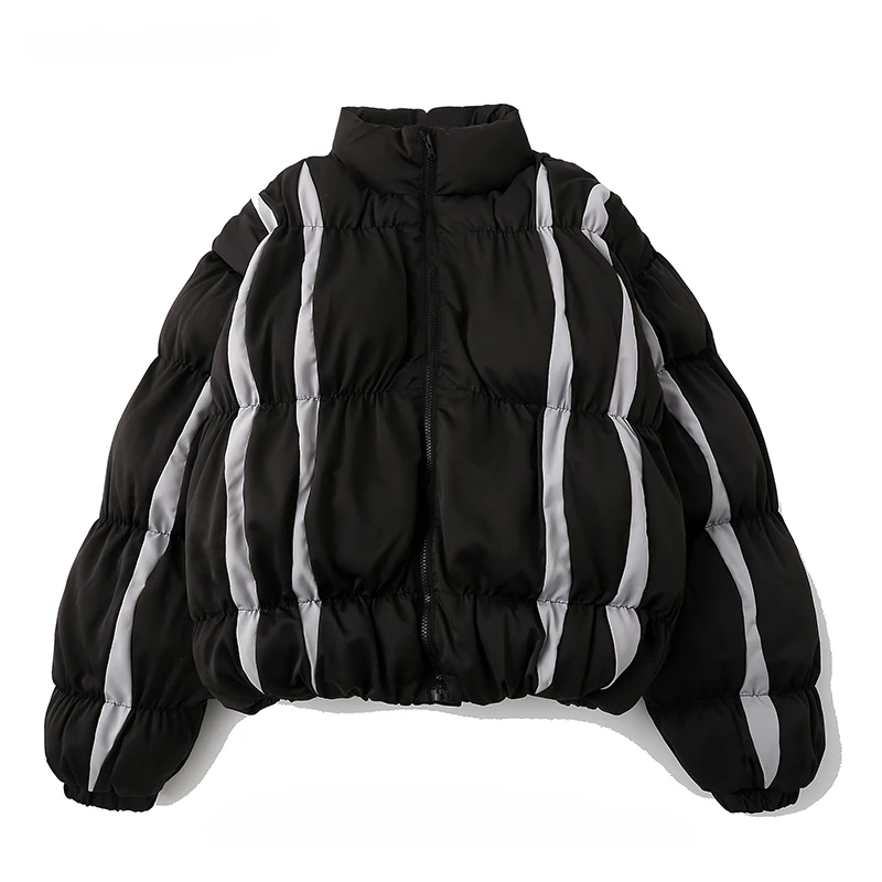 

Men/Women Stand Collar Spliced Striped Short Cotton Coats Autumn Winter Hong Kong Style Pleated Thicked Warm Casual Loose Parkas