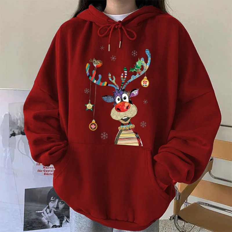 

Seeyoushy, Рождественские толстовки с принтом оленя, женские свитшоты, подарки, винтажный Топ с длинным рукавом и спущенными плечами, графическая одежда