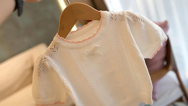 MILANCEL Neue Sommer Kinder Gestrickte Kurzen Ärmeln 1-5T Nette Color Blocking Bogen Mädchen Aushöhlen T-shirt Kinder süße Outwear Tops – Detail 9