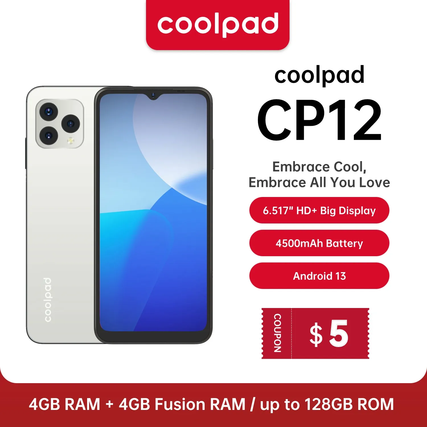 NEW Coolpad COOL CP12 Smartphone Android 13 6.517 HD+ 4GB 128GB 13 MP Triple Camera 4500mAh Battery Dual SIM 4G Cellphone