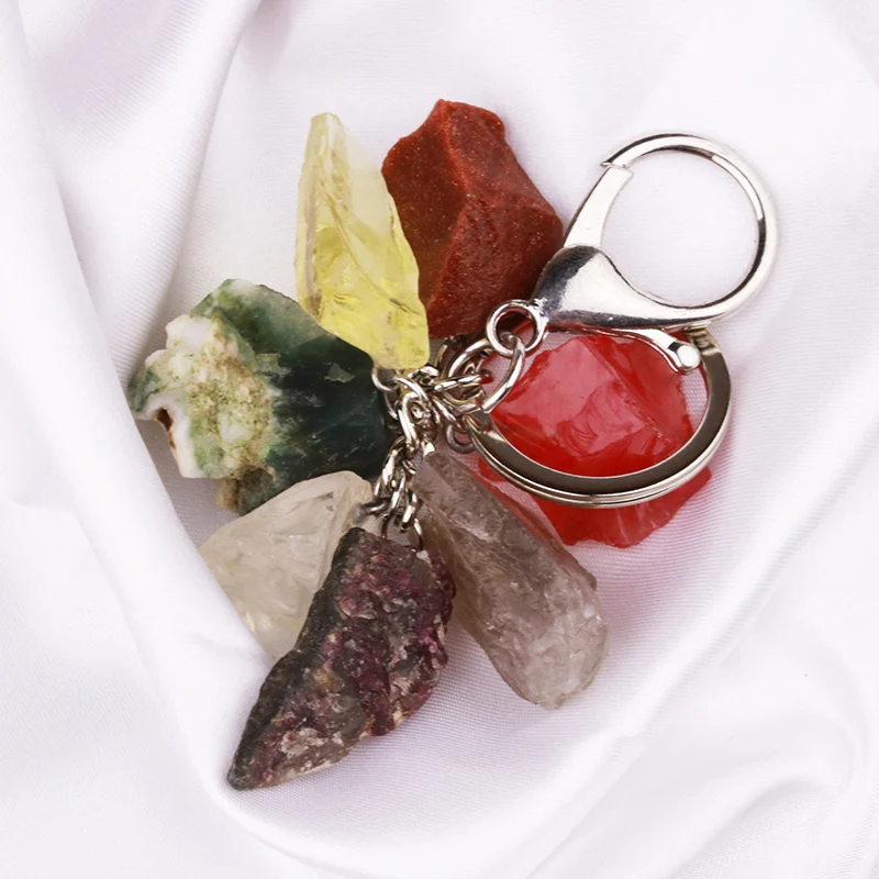 8pcs Natural Rough Raw Ore Seven Stone Key Rings Keychains Rose Quartz Amethyst Healing Crystal Car Decor Keyholder