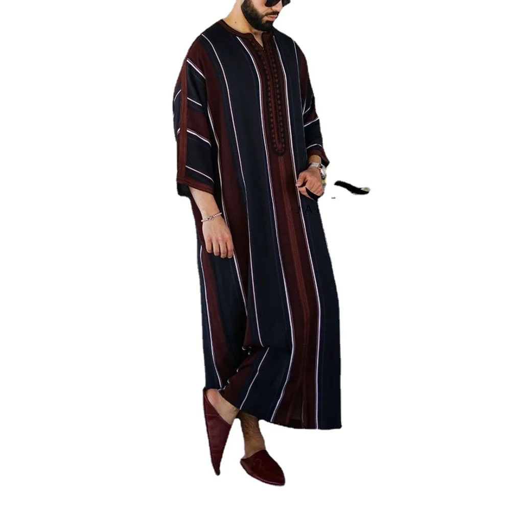 Muslim Fashion Robe Linen Striped Cotton Youth Loose Stock Muslim Robe Shirt 2023 New Black Thin Robe Islamic Clothing Arabic