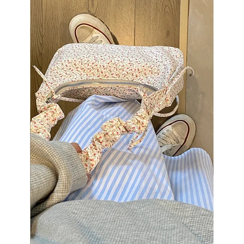 JIAERDI Fairycore Floral Canvas Shoulder Bags Women Summer Harajuku Drawstring Casual Handbag Female Sweet Messenger Bag Y2k