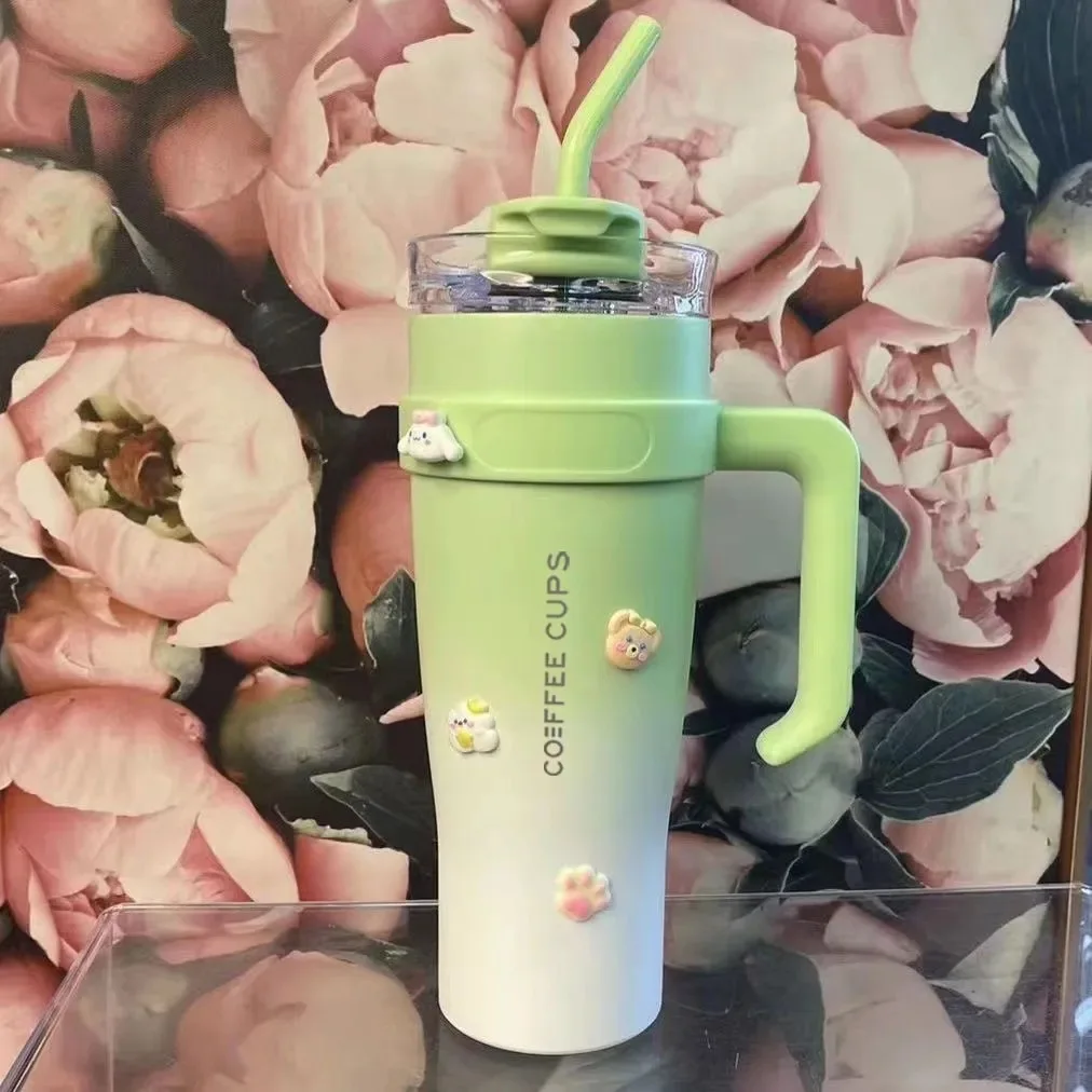 

2023 New 1250ml Thermal Cup With Lid Straw Handle Stainless Steel Vacuum Insulated Cold Hot Travel Thermos Water Bottle Car Cups