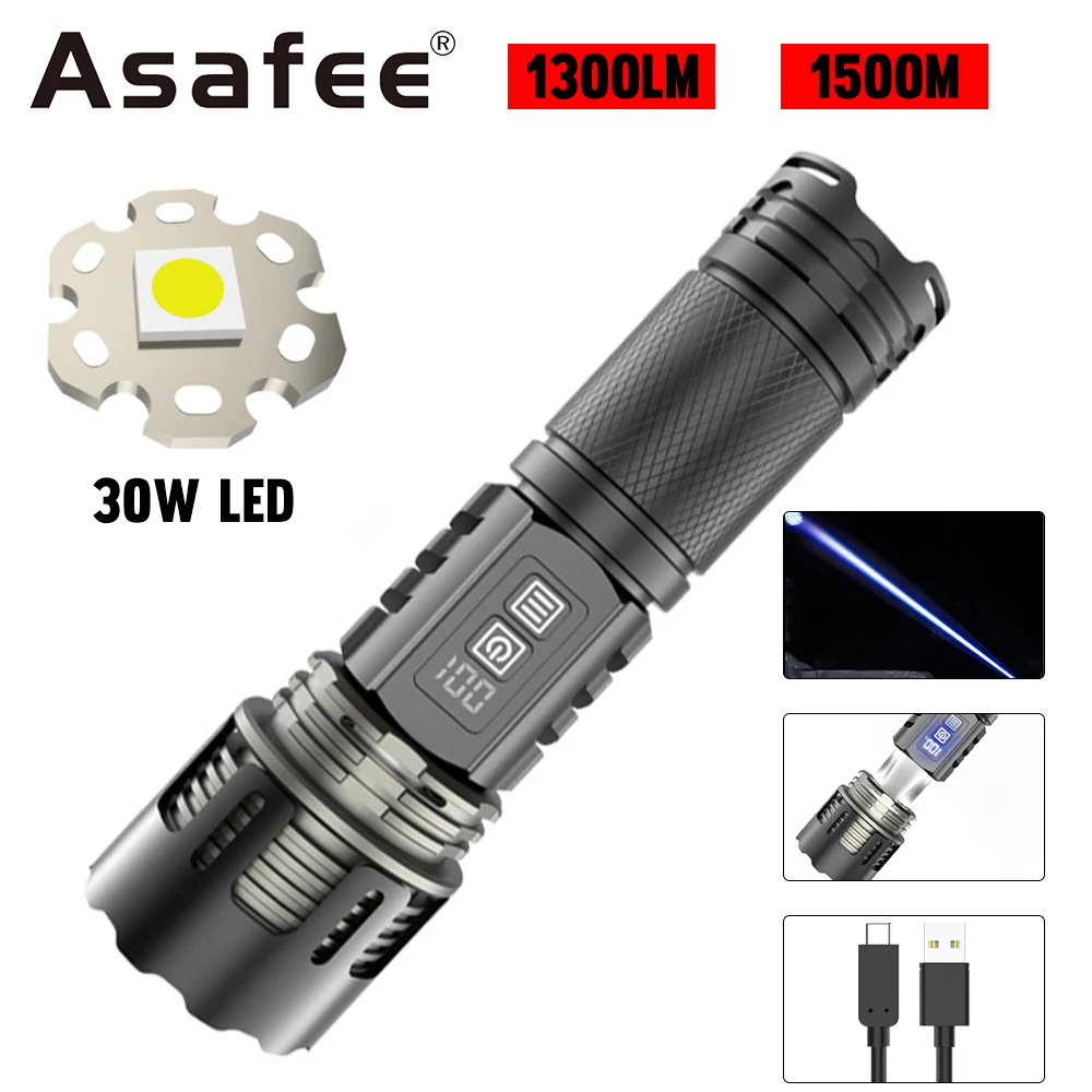 

Asafee F430 30W LED 1500M Range 1300LM Flashlight Dual Switch Torch Telescopic Zoom Lamp Warm Floodlight Spotlight Rechargeable