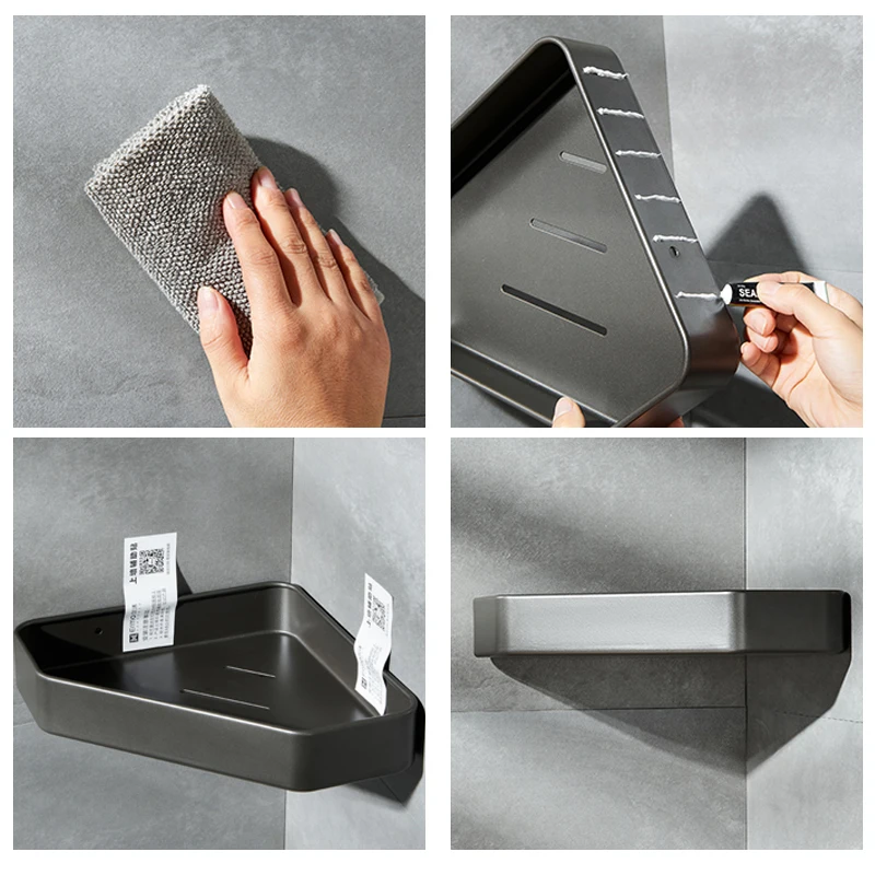Shower Corner Shelf Aluminum Bathroom Storage Shelves Toilet Triangle Basket with Hooks Shower Organizer Bathroom Storage Rack