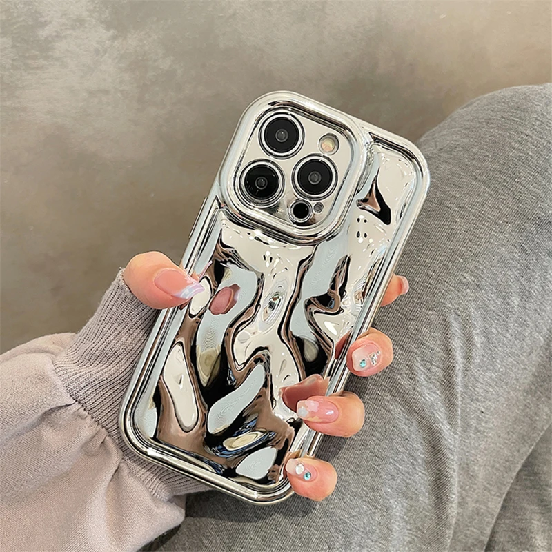 thumbnail image 1 of Glossy 3D Meteorite Texture Plating Silver Phone Case For iPhone 14 13 12 15 Pro Max 11 Camera Protective Metal Color Back Cover, 1 of 5