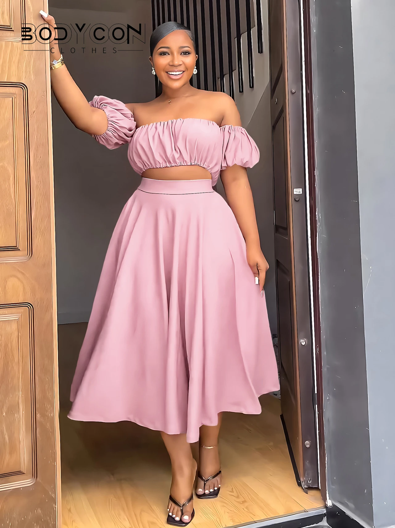 

BODYCON Fashion Women Set Off Shoulder Lantern Short Sleeve Draped Top and Big Swing Skirt 2023 Street Two 2 Piece Set Outfits