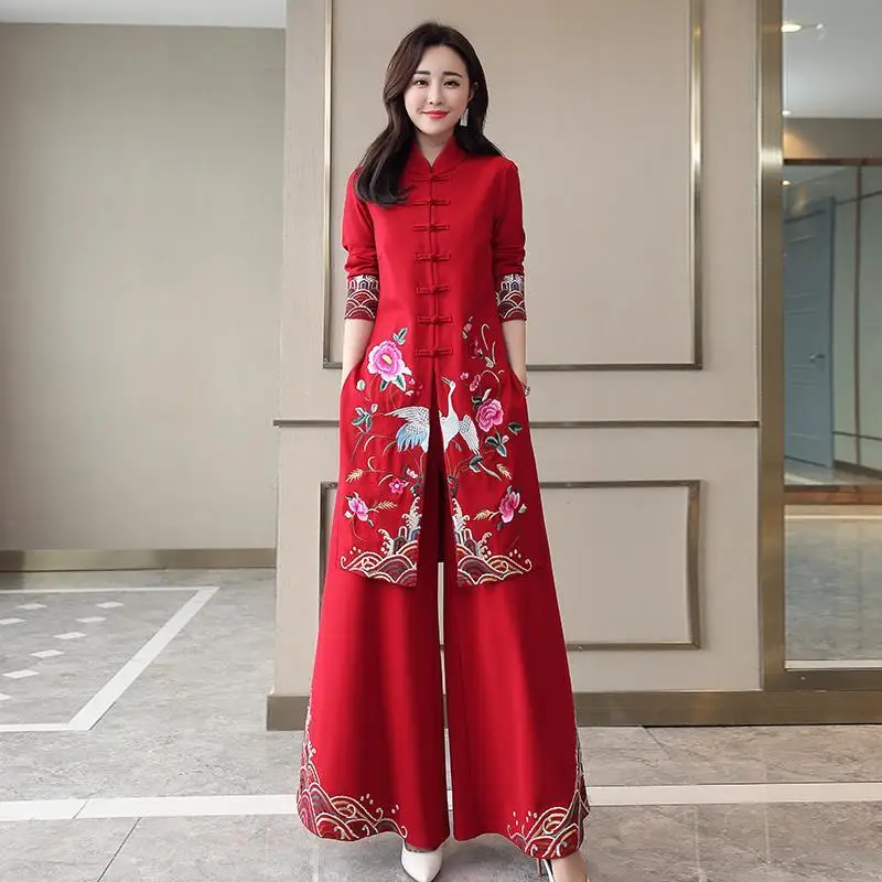 Chinese Traditional Costume Chinese Women Suit Chinese Styles Vintage Women Hanfu Midi Qipao Two Pieces China Traditional Clothing Pants Set Tang Suit Robe Orientale Clothes