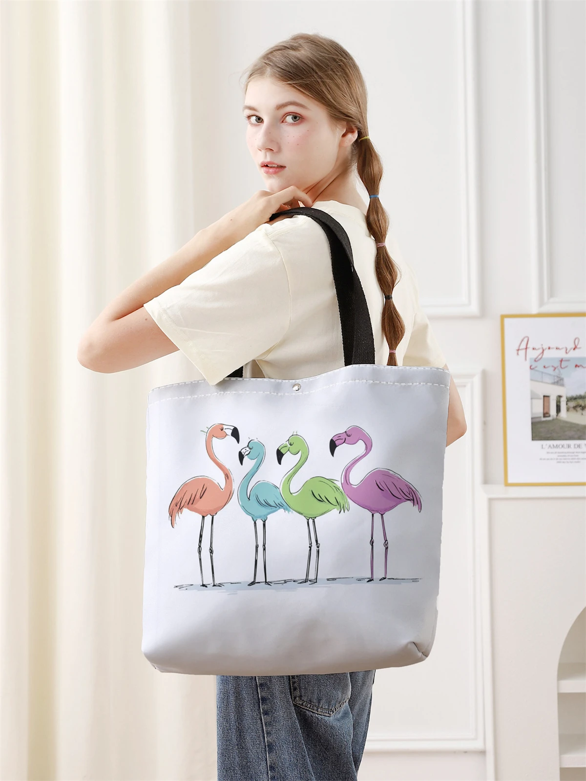 1pc，Flamingo patterned handbag, reusable fashionable handbag, multifunctional handbag, printed canvas shopping bag