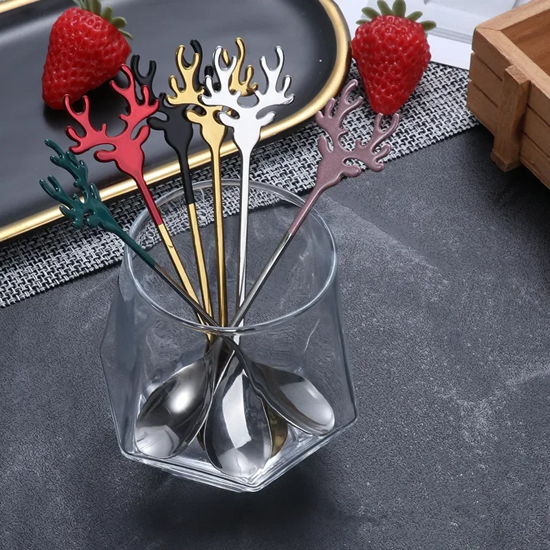 1pcs Stainless Steel Cartoon Christmas Elk Spoon Cute Deer Head Mini Ice Cream Spoons Coffee Dessert Stirring Spoon