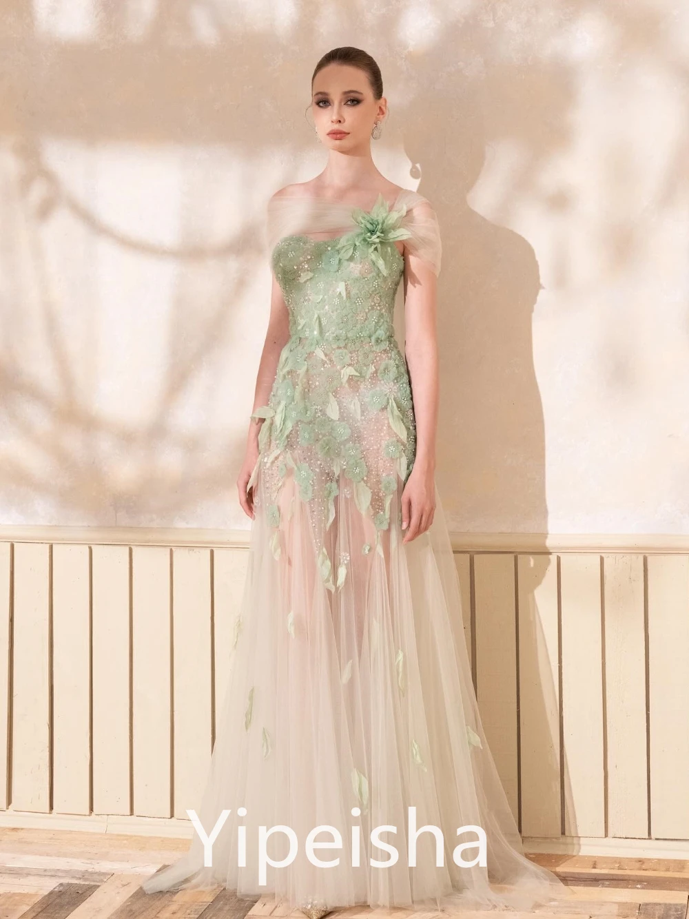 Yipeisha Prom Dress Simple High Quality Strapless A-line Evening  Flower Tulle Organza Floor Length Custom