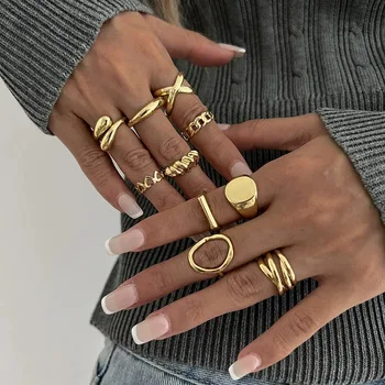 10Pcs/Set Geometric Trendy Gold Silver Color Cuff Rings Set for Women Girl Metallic Stainless Steel Minimalism Fashion Chic Ring 1