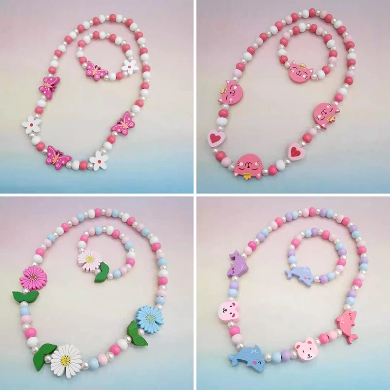 Cartoon Colorful Wooden Unicorn Flower Animal Child Sweater Necklace Bracelet Girl's Gifts Children's Jewelry Kids Toys 2pc