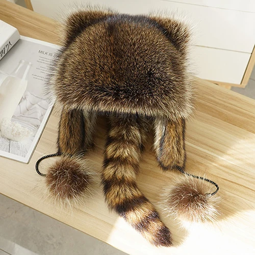 毛皮の帽子　アライグマ 女性のための本物のアライグマの毛皮のテールキャップ、天然の