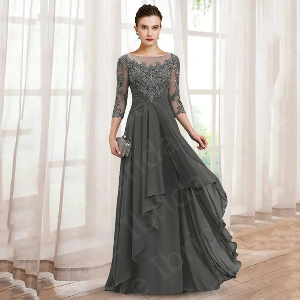 

On Sale Modern Gray Lace Mother of the Bride Dresses Full Length Illusion Neck Wedding Party Gowns 3/4 Sleeves