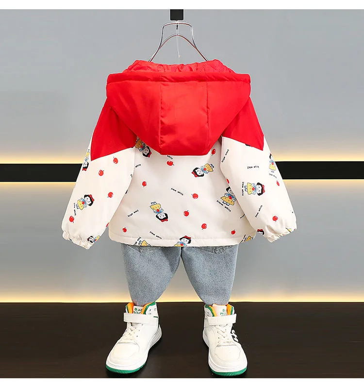New Fashion Autumn Girl Cute Printed Jacket Toddler with Hooded Winter Warm Windproof Pink Coat Casual Clothing 3 to 8 year