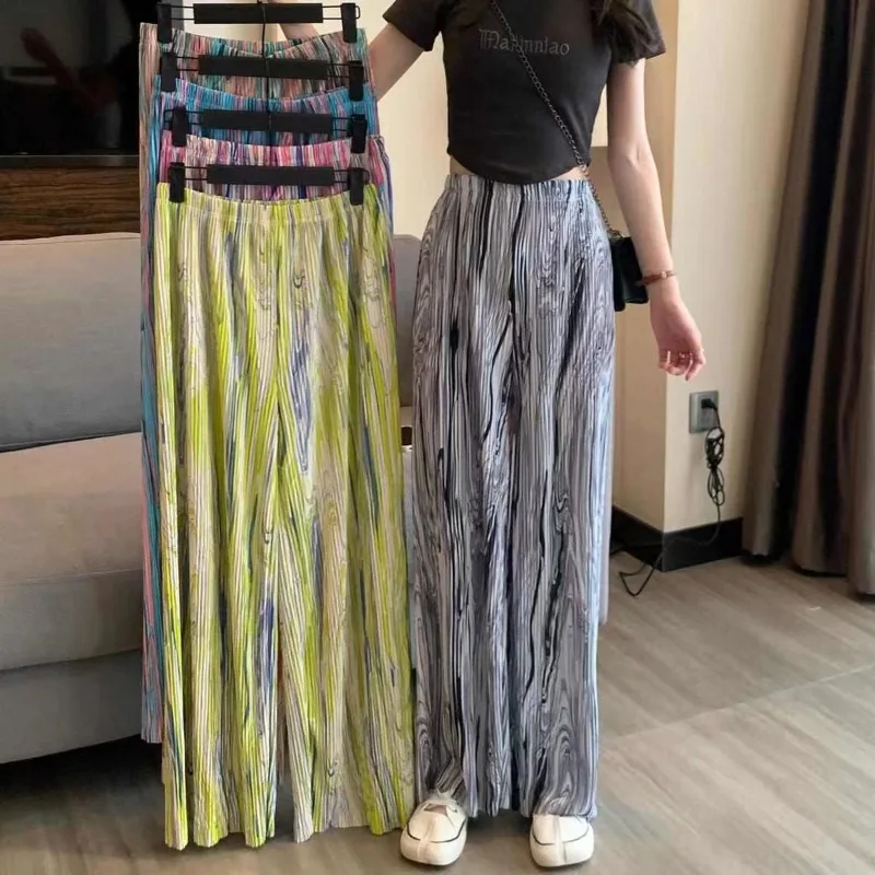 New Summer Women's Ice Silk Wide-Leg Pants Water Ripples Straight Trousers Fashion Casual Pleats Loose High Waist Cropped Pant