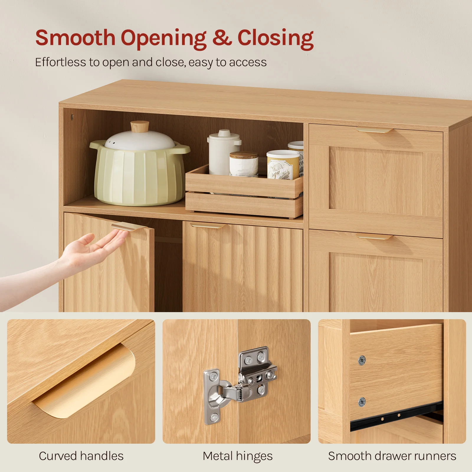 WOLTU Küchenschrank aus Holz mit 3 Schubladen, 90 x 80 x 35 cm, Buffet-Sideboard mit verstellbarem Regal, Kleiderschrank für Wohnzimmer, Flur – Detail 7