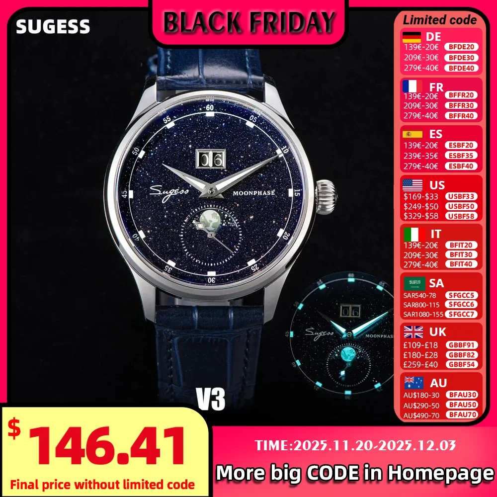 Sugess Moonphase Luxury Wristwatches 316L StainlessSteel Case