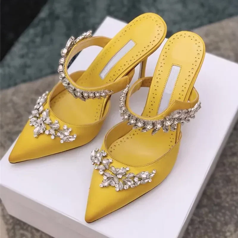 2024 Spring and Autumn European and American Women's Shallow Moule High Heels Slim Heel Satin Rhinestone Pointed Sandals
