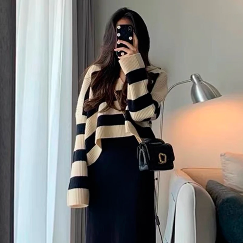 Autumn Women's New Year's Clothes Set Slim Fashionable Strap Dress V-Neck Long Sleeve Striped Sweater Two Piece Set Maternity