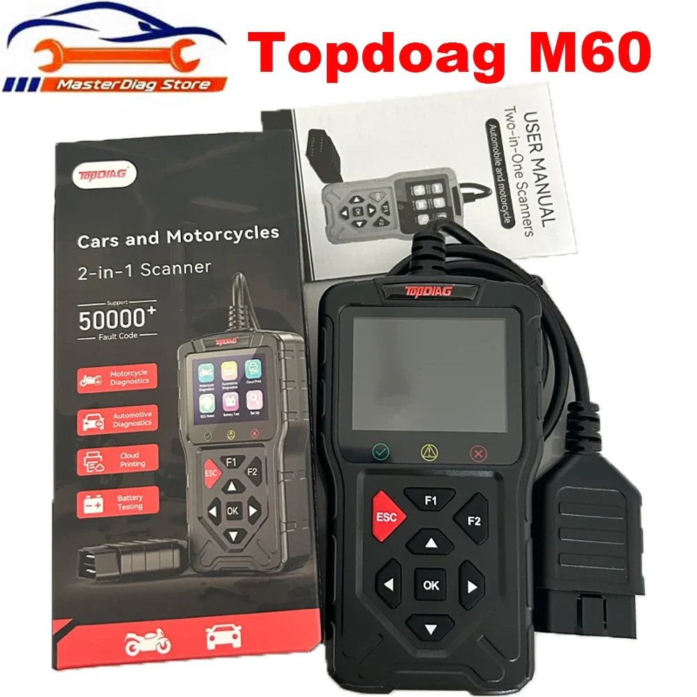 Lettore di Codici di Errore Topdiag M60 per Moto e Veicoli, Scanner OBD2, Reset ECU, Strumento Diagnostico Auto