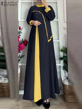 ZANZEA Women Autumn Patchwork Long Sleeve Maxi Dresses Muslim Turkey Abaya Dress Hijab Sundress Robe Femme Loose Vestidos Kaftan