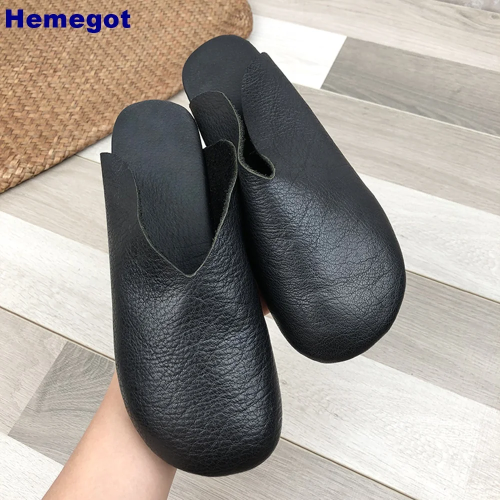 Round Toe Genuine Leather Retro Slippers 2024 Summer Outdoor Casual Solid Color Flat Slippers Women Slip On Closed Toe Slides