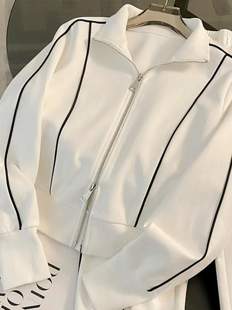 Women's Tracksuit Contrast Zipper Full Sleeve Jackets High Wasit Drawstring Straight Pants Female Suits 2025 Spring Lady Outfits 2