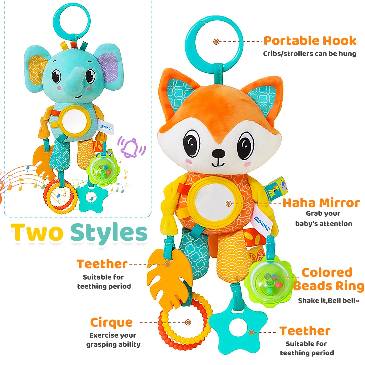 Soft Hanging Crinkle Squeaky Sensory LearningToy Stroller Car Seat Crib Travel Plush Animal Wind Chime with Teether Boys Girls 4