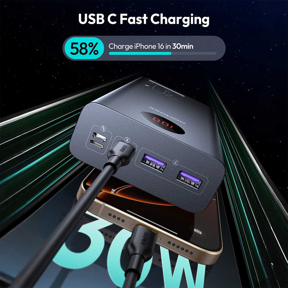 30000mah Portable Power Bank with 30w Usb-C Fast Charging Battery Powerbank Power Station for Iphone15/14/13/12 Ipad Sumsung 5