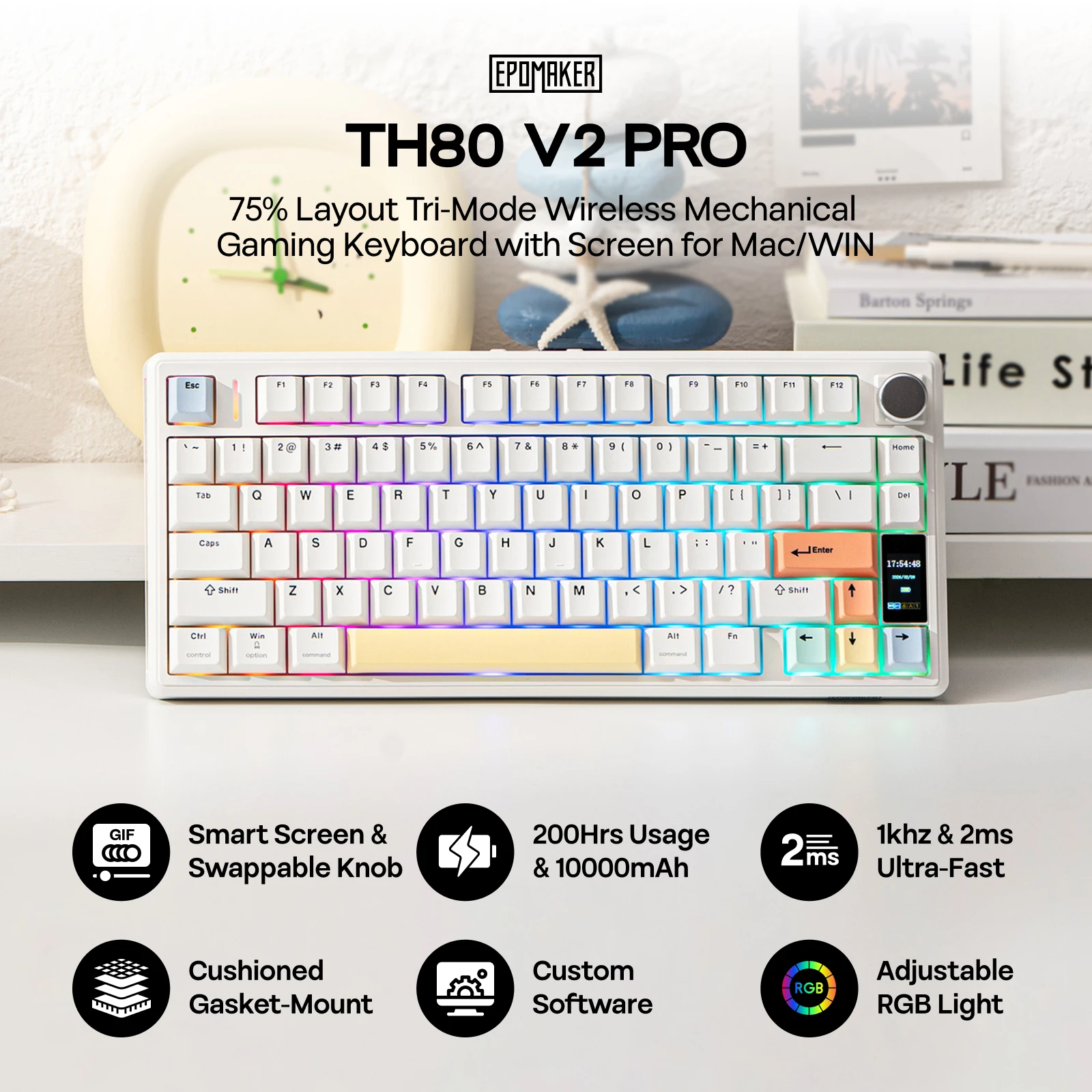 EPOMAKER TH80 V2 PRO 75% ANSI US QWERTY 레이아웃 핫스왑 가스켓 트라이 모드 무선 기계식 게이밍 키보드 (RGB 백라이트 포함)
