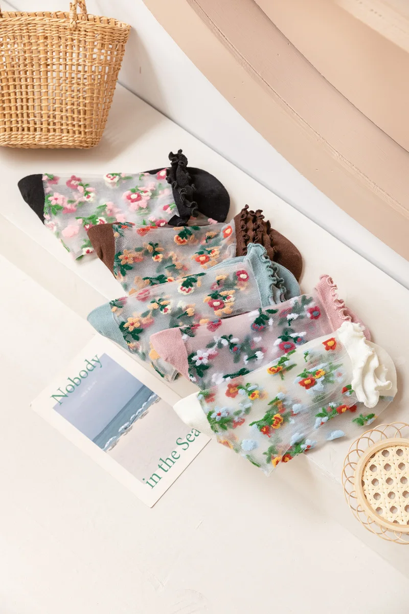 Floral Embroidery Crystal Silk Socks Summer Ultra-thin Transparent Vintage Lace Socks Women Sweet Girls Kawaii Cute Ruffle Socks