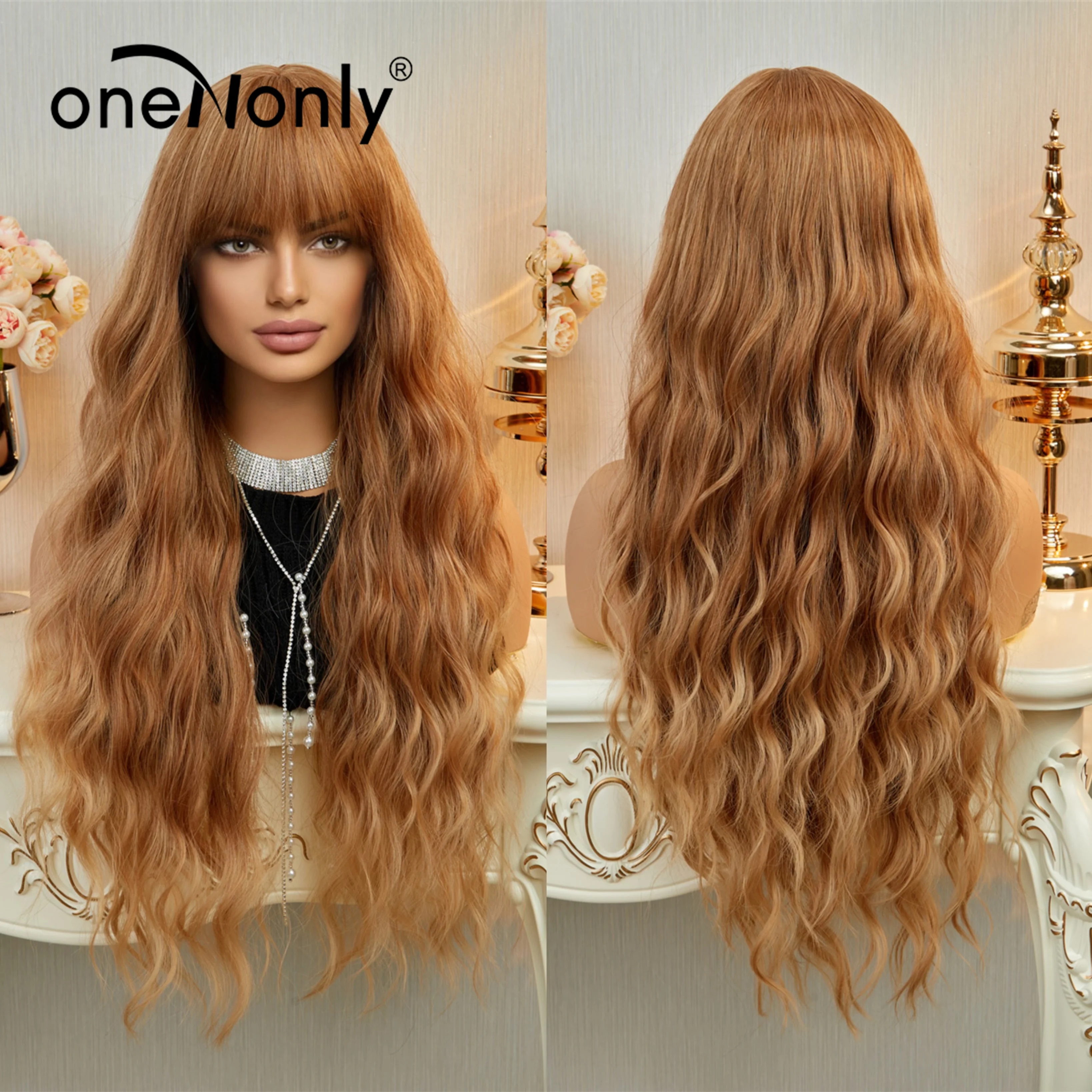 

oneNonly Long Brown Blonde Wig with Bangs Omber Synthetic Wigs for Women Natural Wave Hair Wig Heat Resistant Hair Cosplay Party