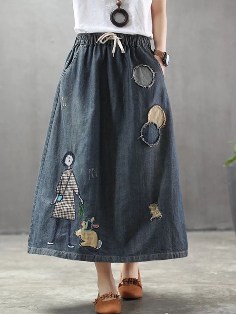 AmaxluluE 2025 Fashion Streetwear Women Summer Classic Embroidery Loose Denim Holes Skirts Ladies Casual Vintage Cartoon Clothes