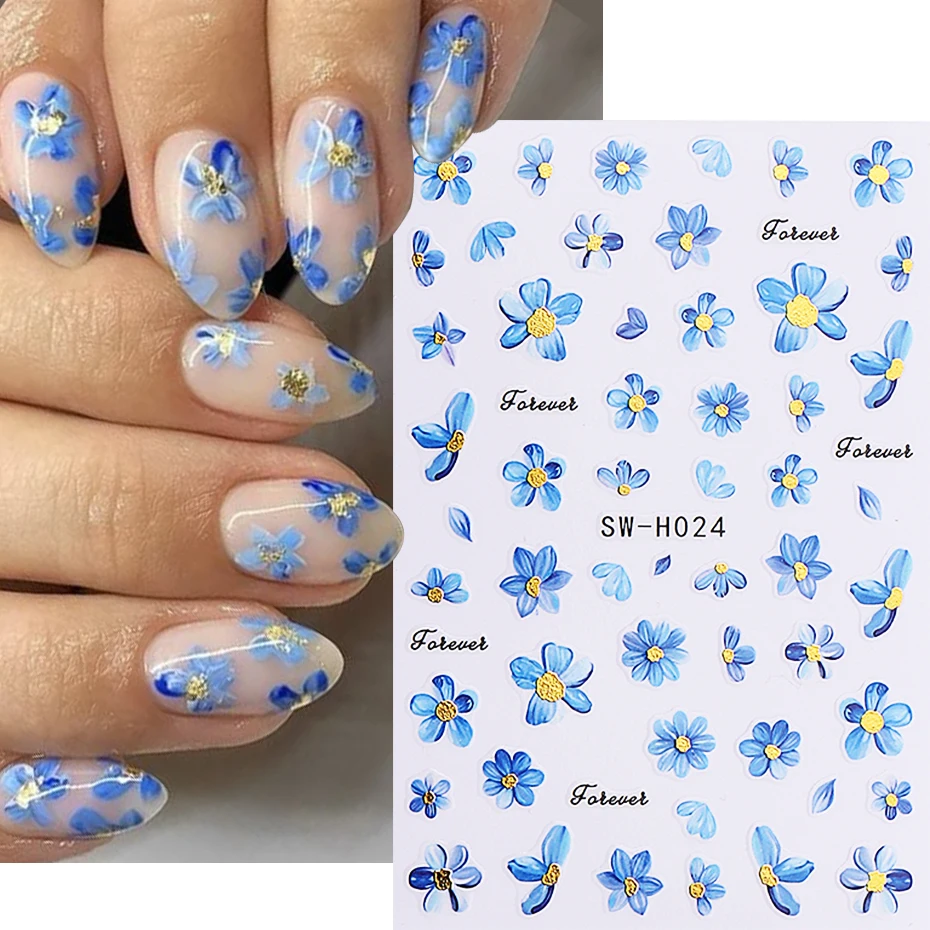 3pcs Gradient Butterfly Flower Nail Stickers 3D Bronzing Border Daisy Floral Petals Butterfly Adhesive Decals DIY Manicure Decor