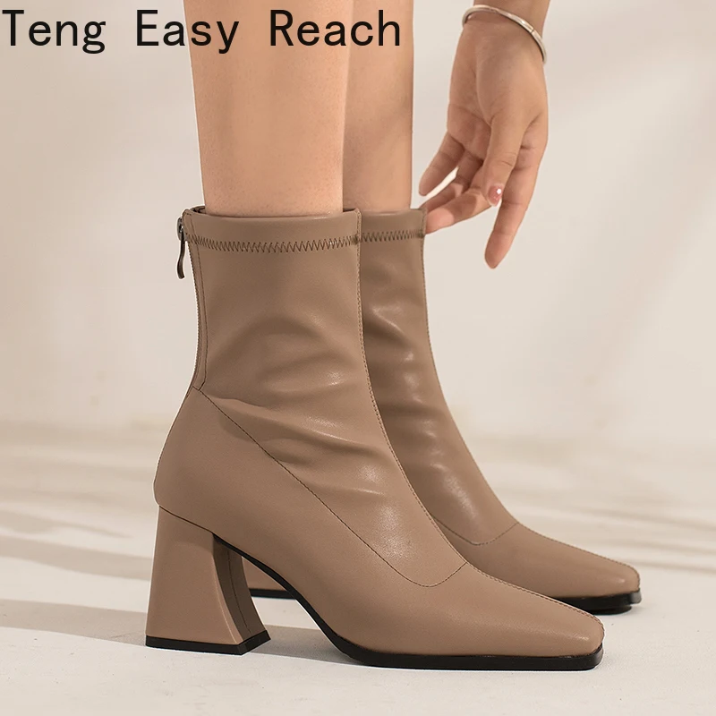 Brand Women Black Square Heel Nude Boots Ladies Retro Single Boots Female Thick Heel Boots Autumn Winter Fashion 2022 New