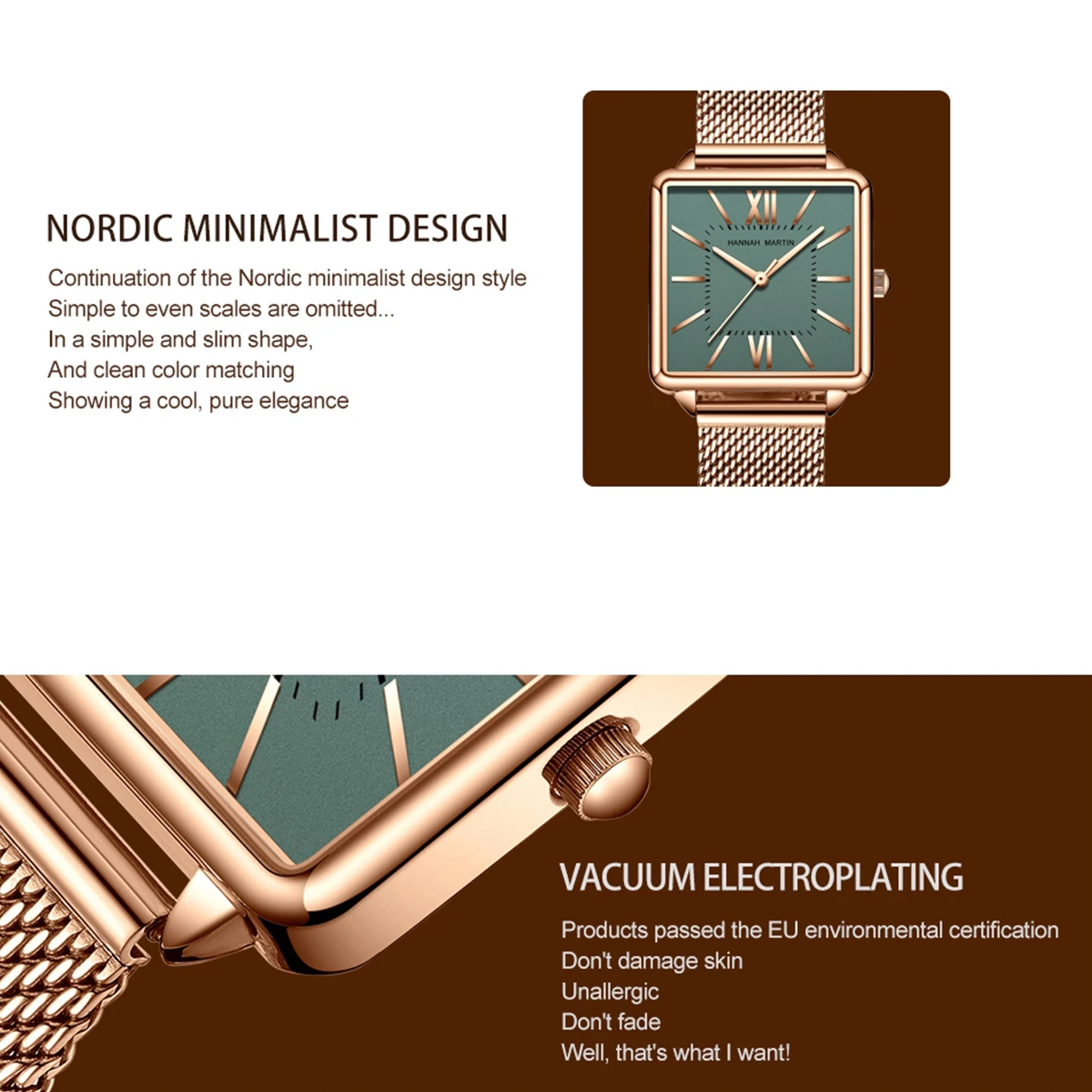 Hannah Martin Classic Women's Watch Fashion Square Stainless Steel Mesh Belt with Japanese Quartz Movement Gift Watch for Women 6