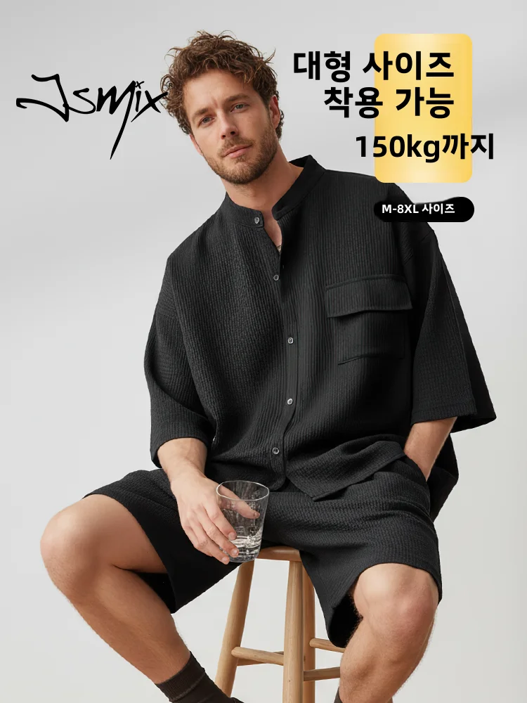 Jsmix 남성용 블랙 깅엄 셔츠 반바지 세트 대형 사이즈 봄 여름 얇은 투피스 슈트 캐주얼 스포츠웨어 폴리에스테르 섬유