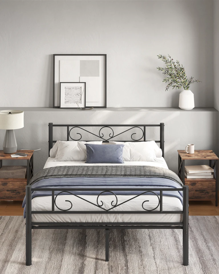 VASAGLE Bed 140 x 200 cm, Guest Bed, Metal Double Bed, Bed Frame, Bed Frame, Metal Bed, Easy Assembly, Ink Black RMB064B01