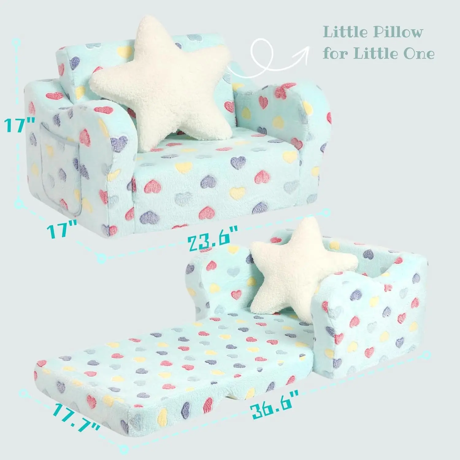 Toddler Couch, 2-in-1 Toddler Soft Couch Fold Out with Star Pillow, Convertible Sofa to Lounger for Girls and Boys 3