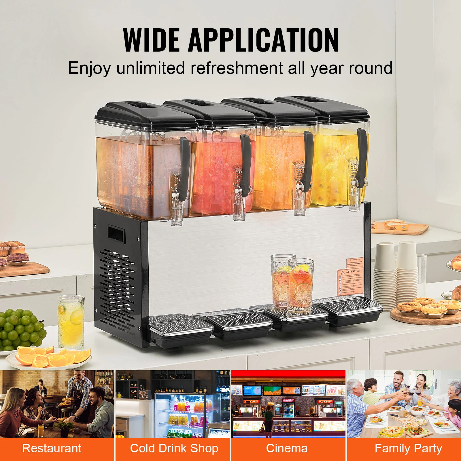 SucceBuy Commercial Beverage Dispenser 4 Tanks 10L/12L Per Tank Juice Dispenser Stainless Steel Ice Tea Drink Machine