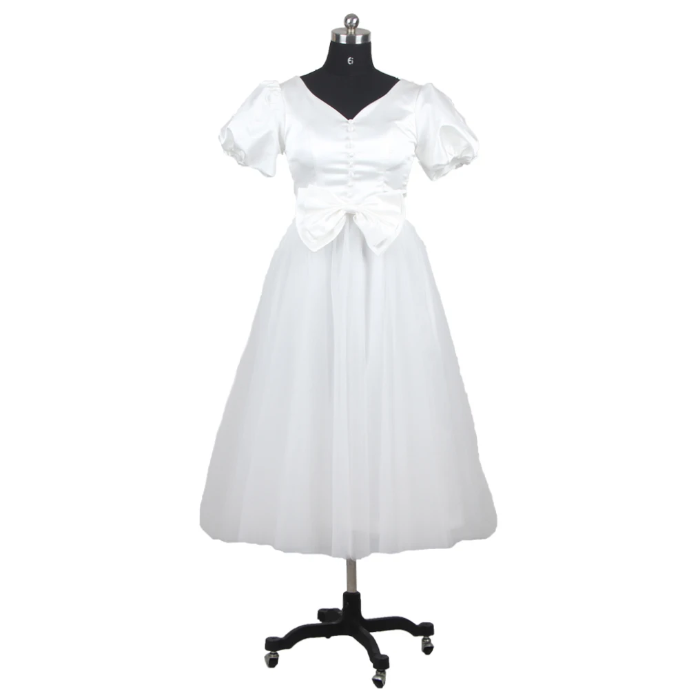 

It's Yiiya Evening Dress White Short Sleeve V-Neck Pleat Tea Length Lace Up A-Line Tulle Plus size Woman Formal Party Gown A1365