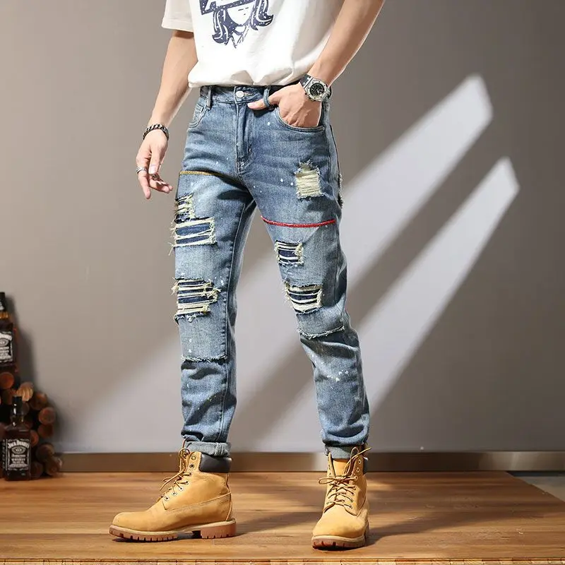 Handsome retro personalized embroidery and printed pattern men's jeans Fashion 2023 casual pants skinny jeans men ripped jeans