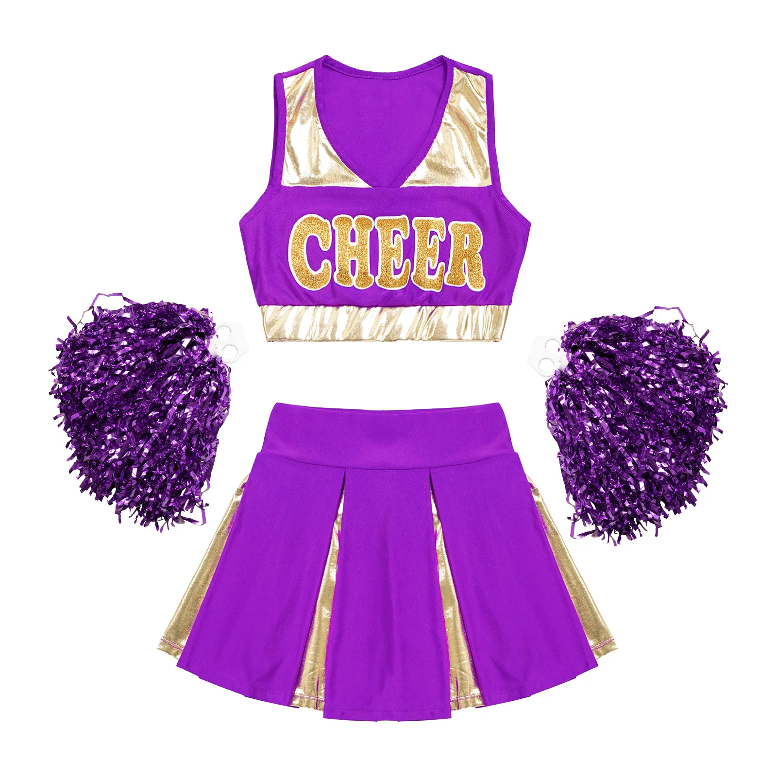Children Cheerleading Costumes Kids Girls Cheerleading Dance Costume Sleeveless V Neckline Letters Printed Crop Top with Pleated Skirt and 2Pcs Flower Balls