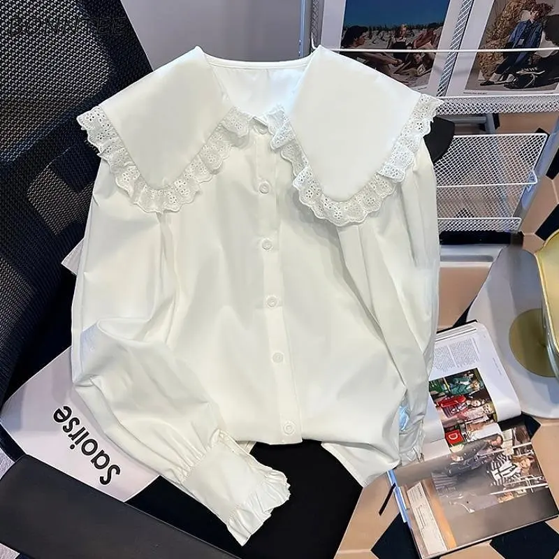 

Lace Shirts Women S-3XL Peter Pan Collar Sweet College Japanese Style Ins Simple All-match Casual Spring Ruffles Fashion Ulzzang