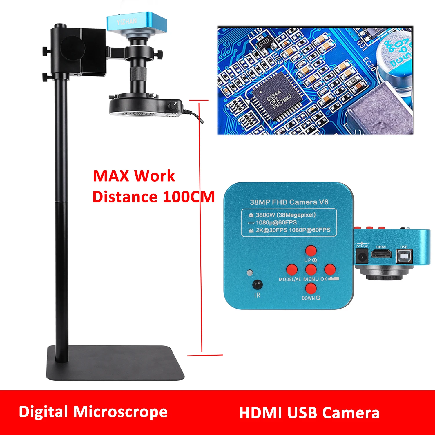 

HDMI USB Industrial Digital Microscope For Electronics Repair 38MP 60FPS 1080P Camera 150X C-Mount Zoom Lens Magnifier Led Light