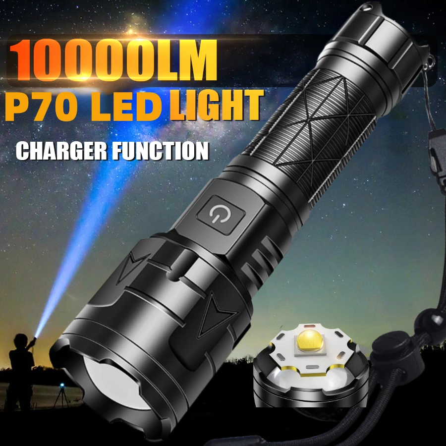 

Super LED Flashlight P70 Wick Ultra Powerful Torch Lamp Type C Charging Tactical Flashlight Camping Lantern