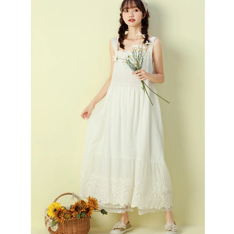 

Autumn Sweet Princess Dress Women Solid Color Cotton Lace Embroidery Mid Length Embroidery Dress Delicate Ruffles Dress K056